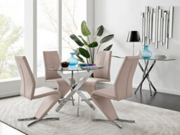 Furniturebox Novara Clear Tempered Glass 100Cm Round Dining Table With Chrome Starburst Legs & 4 Beige Willow Faux Leather Chairs