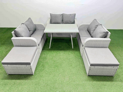 Fimous Rattan Garden Furniture Dining Set 8-Seater Patio Rectangular Table Love Sofa Set With 2 Big Stools - image 1