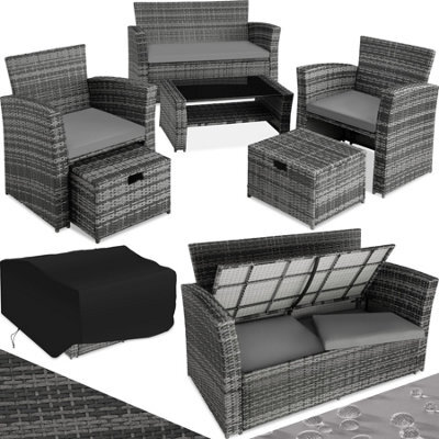 Tectake Garden Furniture Set Modena- Sofa With Storage, Armchairs, Stools, Coffee Table - Grey - image 1