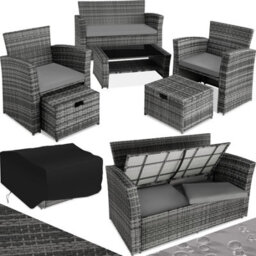 Tectake Garden Furniture Set Modena- Sofa With Storage, Armchairs, Stools, Coffee Table - Grey - thumbnail 1
