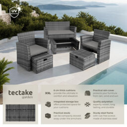 Tectake Garden Furniture Set Modena- Sofa With Storage, Armchairs, Stools, Coffee Table - Grey - thumbnail 2