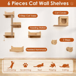 Costway 6Pcs Cat Wall Furniture Set Kitten Wall Mounted Shelves W/hammock - thumbnail 9