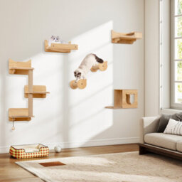 Costway 6Pcs Cat Wall Furniture Set Kitten Wall Mounted Shelves W/hammock - thumbnail 3