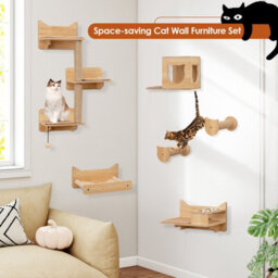 Costway 6Pcs Cat Wall Furniture Set Kitten Wall Mounted Shelves W/hammock - thumbnail 4