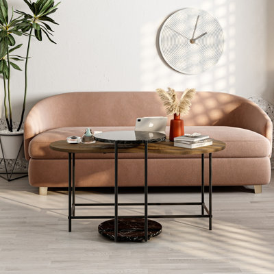 Decortie Modern Cuddle Coffee Tables Dark Oak Matte Black Marble Effect 2 Piece Nested Table Round W Wheels, Oval Table Metal Legs - image 1
