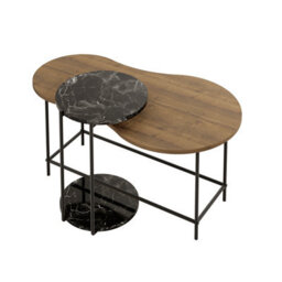 Decortie Modern Cuddle Coffee Tables Dark Oak Matte Black Marble Effect 2 Piece Nested Table Round W Wheels, Oval Table Metal Legs - thumbnail 2
