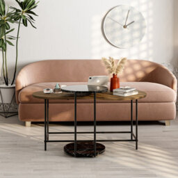 Decortie Modern Cuddle Coffee Tables Dark Oak Matte Black Marble Effect 2 Piece Nested Table Round W Wheels, Oval Table Metal Legs