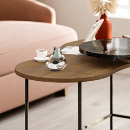 Decortie Modern Cuddle Coffee Tables Dark Oak Matte Black Marble Effect 2 Piece Nested Table Round W Wheels, Oval Table Metal Legs - thumbnail 5