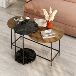 Decortie Modern Cuddle Coffee Tables Dark Oak Matte Black Marble Effect 2 Piece Nested Table Round W Wheels, Oval Table Metal Legs - thumbnail 7