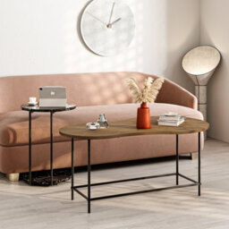Decortie Modern Cuddle Coffee Tables Dark Oak Matte Black Marble Effect 2 Piece Nested Table Round W Wheels, Oval Table Metal Legs - thumbnail 4