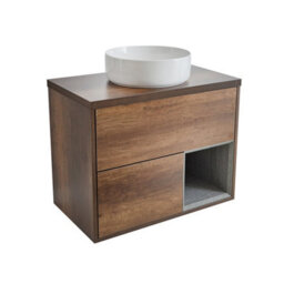 Homestylestore Dark Oak 800mm Wall Hung Bathroom Vanity Unit With Round Countertop Basin - thumbnail 1