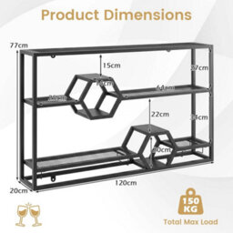 120Cm 3 Tier Wall Mounted Wine Rack Glass Holder - thumbnail 2