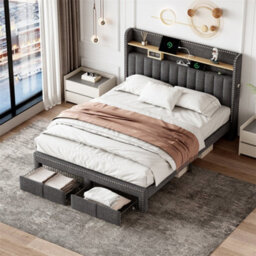 Abrihome 4Ft6 Upholstered Double Bed With 2 Storage Drawers, Storage Bed With Charging And Lighting, Linen Platform Bed Frame, Grey - thumbnail 1
