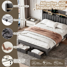 Abrihome 4Ft6 Upholstered Double Bed With 2 Storage Drawers, Storage Bed With Charging And Lighting, Linen Platform Bed Frame, Grey - thumbnail 2