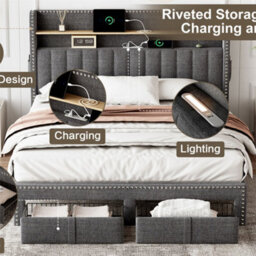 Abrihome 4Ft6 Upholstered Double Bed With 2 Storage Drawers, Storage Bed With Charging And Lighting, Linen Platform Bed Frame, Grey - thumbnail 3