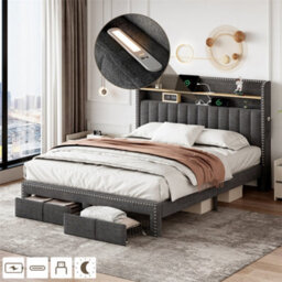 Abrihome 4Ft6 Upholstered Double Bed With 2 Storage Drawers, Storage Bed With Charging And Lighting, Linen Platform Bed Frame, Grey - thumbnail 6
