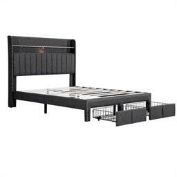 Abrihome 4Ft6 Upholstered Double Bed With 2 Storage Drawers, Storage Bed With Charging And Lighting, Linen Platform Bed Frame, Grey - thumbnail 9