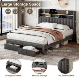 Abrihome 4Ft6 Upholstered Double Bed With 2 Storage Drawers, Storage Bed With Charging And Lighting, Linen Platform Bed Frame, Grey - thumbnail 4