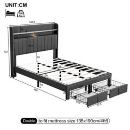 Abrihome 4Ft6 Upholstered Double Bed With 2 Storage Drawers, Storage Bed With Charging And Lighting, Linen Platform Bed Frame, Grey - thumbnail 7
