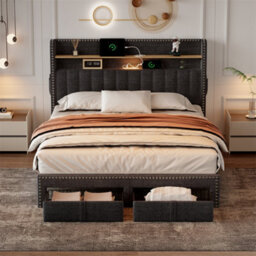 Abrihome 4Ft6 Upholstered Double Bed With 2 Storage Drawers, Storage Bed With Charging And Lighting, Linen Platform Bed Frame, Grey - thumbnail 8