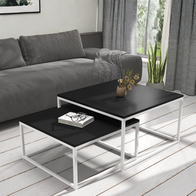 Kama 2 Piece Coffee Table Set Metal Base Legs White With Black Tops Modern Matching Duo In Large And Small Sizes - image 1