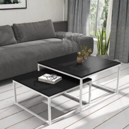 Kama 2 Piece Coffee Table Set Metal Base Legs White With Black Tops Modern Matching Duo In Large And Small Sizes - thumbnail 1