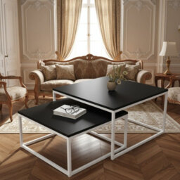 Kama 2 Piece Coffee Table Set Metal Base Legs White With Black Tops Modern Matching Duo In Large And Small Sizes - thumbnail 2