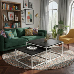 Kama 2 Piece Coffee Table Set Metal Base Legs White With Black Tops Modern Matching Duo In Large And Small Sizes - thumbnail 3