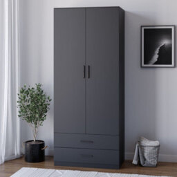 Urbnliving 180Cm Tall Wooden 2 Door Wardrobe Black Carcass And Black Drawers With 2 Drawers Bedroom Storage Hanging Bar Clothes - thumbnail 1