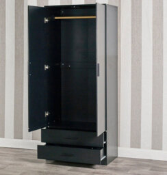 Urbnliving 180Cm Tall Wooden 2 Door Wardrobe Black Carcass And Black Drawers With 2 Drawers Bedroom Storage Hanging Bar Clothes - thumbnail 2
