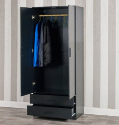 Urbnliving 180Cm Tall Wooden 2 Door Wardrobe Black Carcass And Black Drawers With 2 Drawers Bedroom Storage Hanging Bar Clothes - thumbnail 7