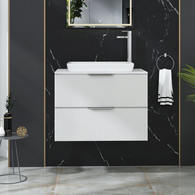 Royal Bathrooms Evora 700mm Matt White Fluted Wall Hung Countertop Vanity Unit 2 Drawer With Qubix Basin - image 1