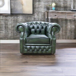 Chesterfield Club Chair Antique Green Real Leather In Buckingham Style - thumbnail 4