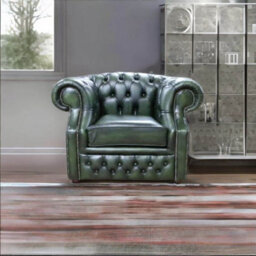 Chesterfield Club Chair Antique Green Real Leather In Buckingham Style - thumbnail 2