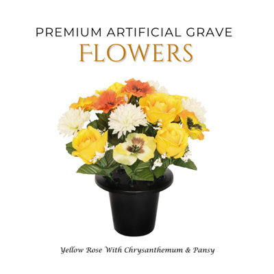Premium Artificial Grave Flowers - 25Cm Yellow Rose With Chrysanthemum & Pansy Memorial Vase Pot