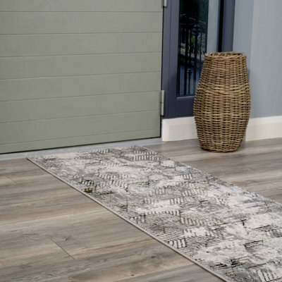 Loomed Grey Gold Distressed Abstract Metallic Geometric Living Runner Rug 70X240Cm - image 1