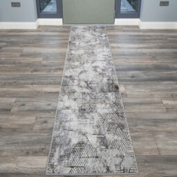 Loomed Grey Gold Distressed Abstract Metallic Geometric Living Runner Rug 70X240Cm - thumbnail 2