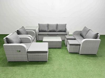 Fimous Pe Rattan Garden Furniture Set Adjustable Chair 2 Seater Sofa Lounge Set Oblong Coffee Table 3 Stools Side Table Light Grey - image 1