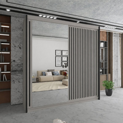 Sliding Wardrobes 4 u LTD Sliding Wardrobes 4U Modern Clay Double Sliding Mirror Door Wardrobe With Black Strips & Led Light 203Cm - image 1