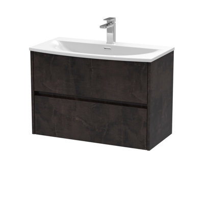 Nuie Havana Wall Hung 2 Drawer Vanity Basin Unit & Curved Ceramic Basin, Modern Sink Vanity Unit In Metallic Slate With White - image 1
