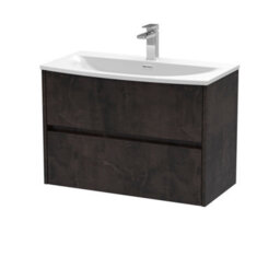 Nuie Havana Wall Hung 2 Drawer Vanity Basin Unit & Curved Ceramic Basin, Modern Sink Vanity Unit In Metallic Slate With White