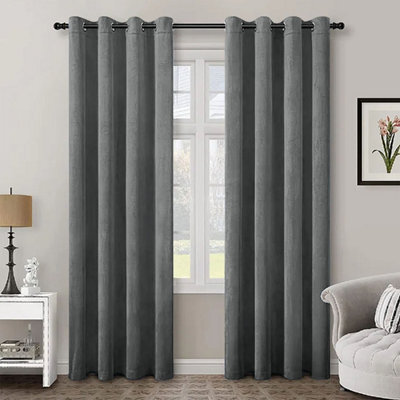 Aspire Homeware Grey Velvet Curtain Room Darkening Blackout Eyelet Curtain Pair (W) 168Cm X (D)228Cm With Tie Back Pair - image 1