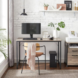 Songmics Industrial Study Desk, Contemporary Home Office Workstation With Metal Base, Greige And Black - thumbnail 1