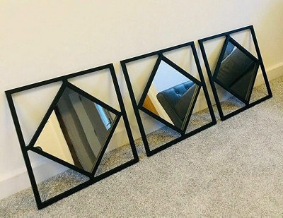 Biznest Set Of 3 40Cm Modern Style Boston Black Wall Art Deco Style Mirrors Square Geometric Pattern Diy Art (3) - image 1