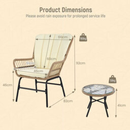Gainoom 3 Pieces Patio Bistro Set Outdoor Pe Wicker Conversation Set With Cushions And Tempered Glass Coffee Table - thumbnail 2