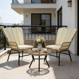 Gainoom 3 Pieces Patio Bistro Set Outdoor Pe Wicker Conversation Set With Cushions And Tempered Glass Coffee Table - thumbnail 1