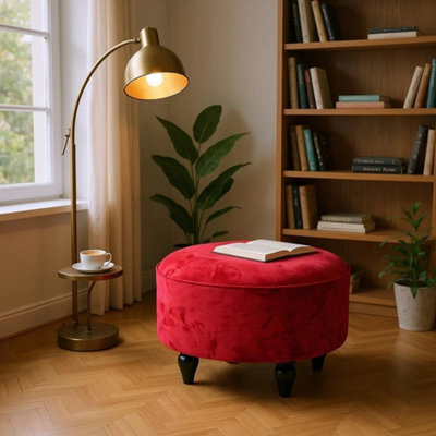 Red Oval Footstool Wood Legs 30Cm - image 1