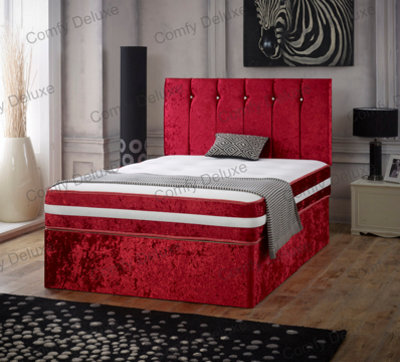 Comfy Deluxe 3Ft Single Red Crushed Velvet Divan Bed With Florence 20Inch Headboard & Matching Mattress 2 Drawers Same Side