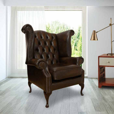 Chesterfield High Back Wing Chair Antique Brown Real Leather In Queen Anne Style - image 1