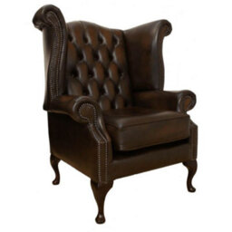 Chesterfield High Back Wing Chair Antique Brown Real Leather In Queen Anne Style - thumbnail 2
